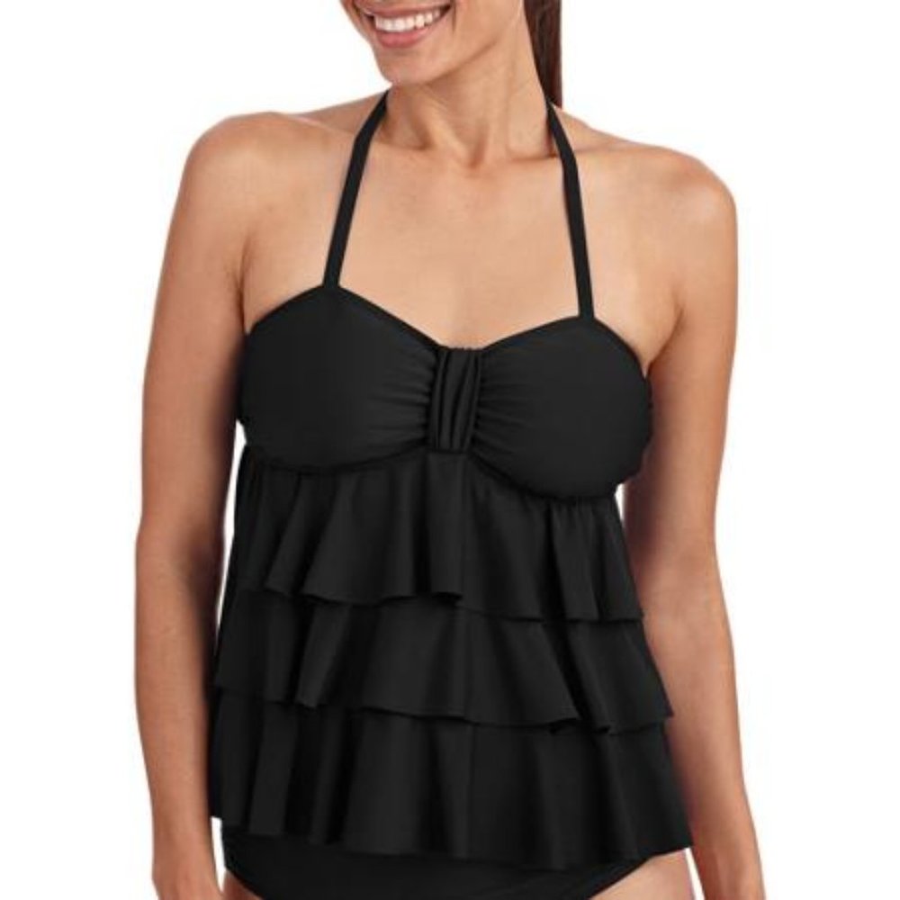new Tankini Swim Top Tiered Ruffles Halter Open Fly Away Back MEDIUM Catalina